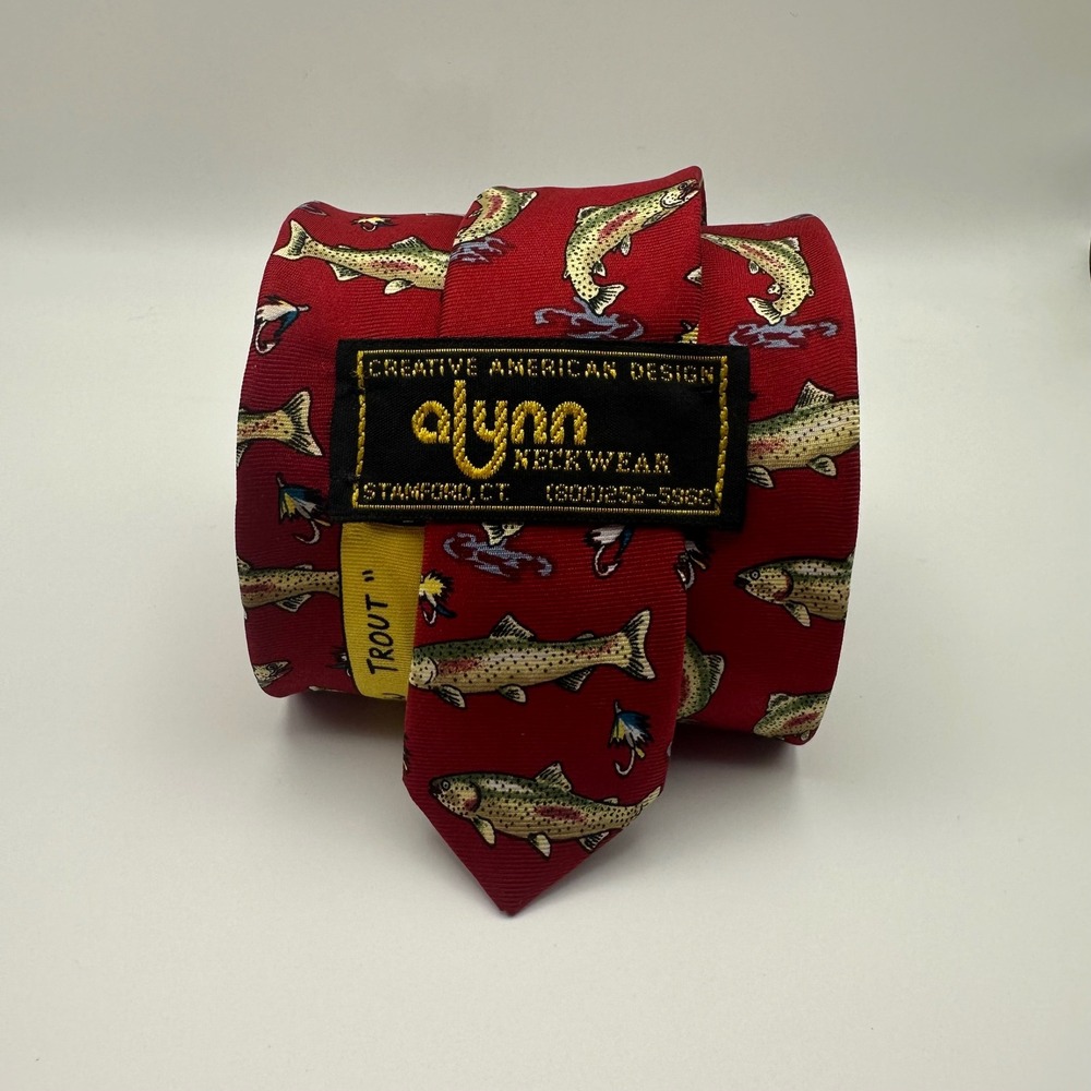 Rainbow Trout Alynn Neckwear Silk Tie Red 3.75" Fly Fishing Vintage Mens USA